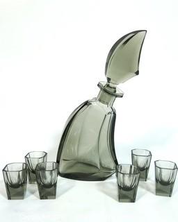 Palda Set of Grey Crystal Liquor Decanter with Six Matching Glasses.  <br> <br> Many of the Karl Palda Bohemian Art Deco cut glass pieces in this auction were featured in the book “Collectible Bohemian Glass (1915 – 1945) Volume II” by Robert & Deborah Truitt.