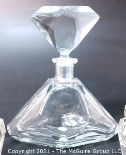 Clear Glass Liquor Decanter with Four Matching Glasses.  Chip on lip of decanter.