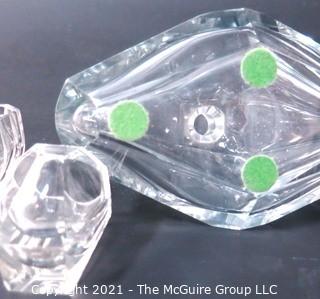 Clear Glass Liquor Decanter with Four Matching Glasses.  Chip on lip of decanter.