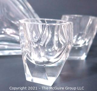 Clear Glass Liquor Decanter with Four Matching Glasses.  Chip on lip of decanter.