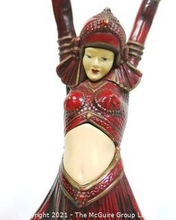 Art Deco Metal with Enamel Paint Statue of Ballets Russes Female Dancer in the Style of Chryselephantine, After D. H. Chiparus. Some wear to paint.