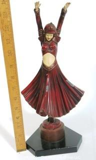 Art Deco Metal with Enamel Paint Statue of Ballets Russes Female Dancer in the Style of Chryselephantine, After D. H. Chiparus. Some wear to paint.