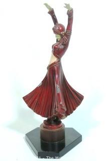 Art Deco Metal with Enamel Paint Statue of Ballets Russes Female Dancer in the Style of Chryselephantine, After D. H. Chiparus. Some wear to paint.