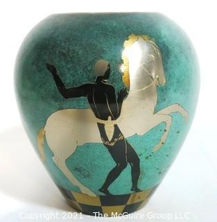 WMF IKORA Green Patinated Brass Vase with Art Deco Greek Inspired Decoration.  It measures approximately 8" tall.