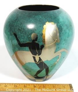 WMF IKORA Green Patinated Brass Vase with Art Deco Greek Inspired Decoration.  It measures approximately 8" tall.