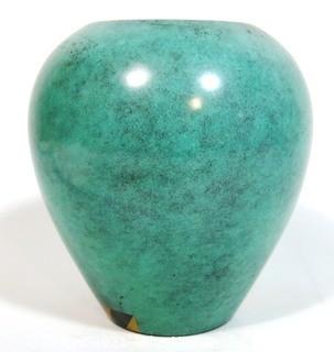 WMF IKORA Green Patinated Brass Vase with Art Deco Greek Inspired Decoration.  It measures approximately 8" tall.