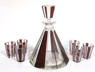 Palda Bohemian Czech Art Deco Cut Glass Liquor Decanter with Red Decoration and 6 Glasses.  Some chips in glasses. <br> <br> Many of the Karl Palda Bohemian Art Deco cut glass pieces in this auction were featured in the book “Collectible Bohemian Glass (1915 – 1945) Volume II” by Robert & Deborah Truitt.