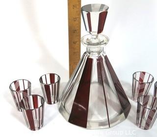 Palda Bohemian Czech Art Deco Cut Glass Liquor Decanter with Red Decoration and 6 Glasses.  Some chips in glasses. <br> <br> Many of the Karl Palda Bohemian Art Deco cut glass pieces in this auction were featured in the book “Collectible Bohemian Glass (1915 – 1945) Volume II” by Robert & Deborah Truitt.