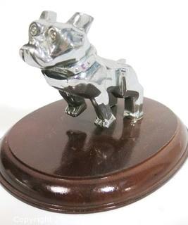 Original MACK Truck Chrome Bull Dog Hood Ornament on Wood Base.  Measures approximately 7" long. 