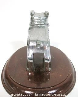 Original MACK Truck Chrome Bull Dog Hood Ornament on Wood Base.  Measures approximately 7" long. 