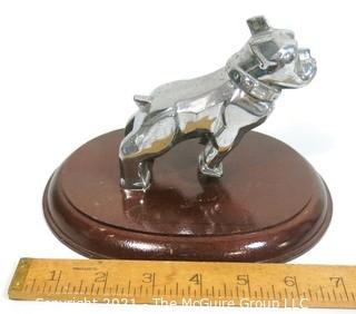 Original MACK Truck Chrome Bull Dog Hood Ornament on Wood Base.  Measures approximately 7" long. 