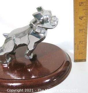 Original MACK Truck Chrome Bull Dog Hood Ornament on Wood Base.  Measures approximately 7" long. 