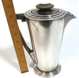 Vintage Art Deco Cocktail Shaker Designed by Visakay for the Luxury Ocean Liner Ile De France. 36 Oz. Silver Plated and Stamped International Silver Co. With Wood Accents.