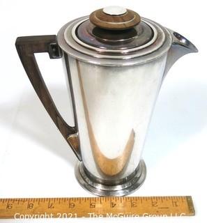 Vintage Art Deco Cocktail Shaker Designed by Visakay for the Luxury Ocean Liner Ile De France. 36 Oz. Silver Plated and Stamped International Silver Co. With Wood Accents.