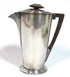 Vintage Art Deco Cocktail Shaker Designed by Visakay for the Luxury Ocean Liner Ile De France. 36 Oz. Silver Plated and Stamped International Silver Co. With Wood Accents.