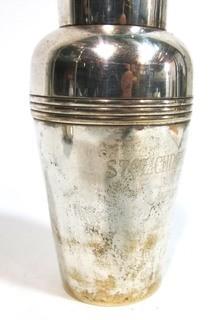 Small Vintage Individual Serving Silver Plated Stolichnaya Russian Vodka Cocktail Shaker with Strainer.  Measures approximately 8" tall. 