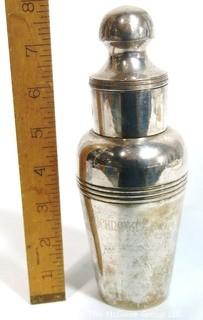 Small Vintage Individual Serving Silver Plated Stolichnaya Russian Vodka Cocktail Shaker with Strainer.  Measures approximately 8" tall. 