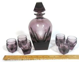 Plum Bohemian Czech Art Deco Cut Glass Liquor Decanter with 6 Geometric Cut Glasses.