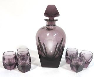 Plum Bohemian Czech Art Deco Cut Glass Liquor Decanter with 6 Geometric Cut Glasses.