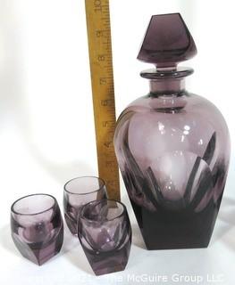 Plum Bohemian Czech Art Deco Cut Glass Liquor Decanter with 6 Geometric Cut Glasses.