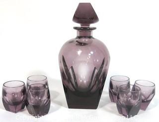 Plum Bohemian Czech Art Deco Cut Glass Liquor Decanter with 6 Geometric Cut Glasses.