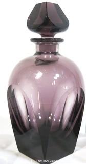 Plum Bohemian Czech Art Deco Cut Glass Liquor Decanter with 6 Geometric Cut Glasses.