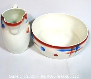 Vintage Art Deco Porcelain Wash Basin and Water Pitcher. 