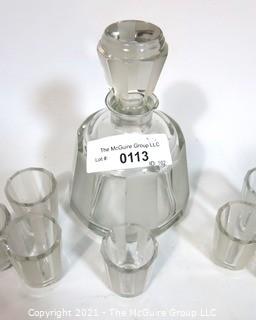 Palda Czech Art Deco Clear Cut Glass Liquor Decanter with 7 Glasses  Chip in Lip of Decanter.  <br> <br> Many of the Karl Palda Bohemian Art Deco cut glass pieces in this auction were featured in the book “Collectible Bohemian Glass (1915 – 1945) Volume II” by Robert & Deborah Truitt.