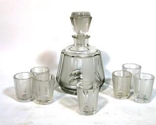 Palda Czech Art Deco Clear Cut Glass Liquor Decanter with 7 Glasses  Chip in Lip of Decanter.  <br> <br> Many of the Karl Palda Bohemian Art Deco cut glass pieces in this auction were featured in the book “Collectible Bohemian Glass (1915 – 1945) Volume II” by Robert & Deborah Truitt.