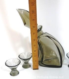 Palda Smoky Grey Czech Art Deco Cut Glass Liquor Decanter 4 Glasses, <br> <br> Many of the Karl Palda Bohemian Art Deco cut glass pieces in this auction were featured in the book “Collectible Bohemian Glass (1915 – 1945) Volume II” by Robert & Deborah Truitt.