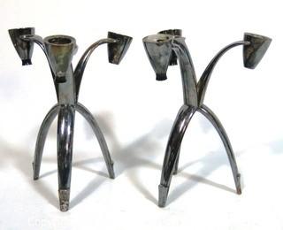 A Pair of Silver Plated Mid Century Modern (MCM) 3 Light Candelabras Made by Community. 