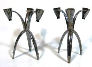 A Pair of Silver Plated Mid Century Modern (MCM) 3 Light Candelabras Made by Community. 