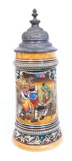 Antique German Porcelain Stein with Pewter Hinged Lid. Measures approximately 10" tall.