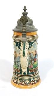 Antique German Porcelain Stein with Pewter Hinged Lid. Measures approximately 10" tall.