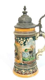 Antique German Porcelain Stein with Pewter Hinged Lid. Measures approximately 10" tall.