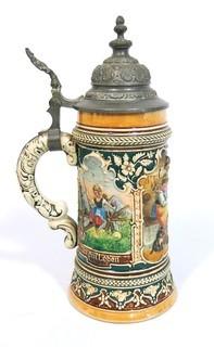 Antique German Porcelain Stein with Pewter Hinged Lid. Measures approximately 10" tall.