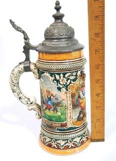 Antique German Porcelain Stein with Pewter Hinged Lid. Measures approximately 10" tall.