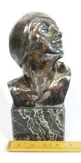 Heavy Cast Bronze with Silver Overlay Art Deco Statue of Female Bust on Marble Base made and Signed by H. G. Miller, 1928.  Measures approximately 10" tall. 