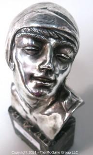 Heavy Cast Bronze with Silver Overlay Art Deco Statue of Female Bust on Marble Base made and Signed by H. G. Miller, 1928.  Measures approximately 10" tall. 