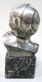 Heavy Cast Bronze with Silver Overlay Art Deco Statue of Female Bust on Marble Base made and Signed by H. G. Miller, 1928.  Measures approximately 10" tall. 