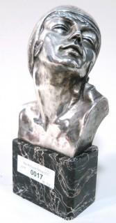 Heavy Cast Bronze with Silver Overlay Art Deco Statue of Female Bust on Marble Base made and Signed by H. G. Miller, 1928.  Measures approximately 10" tall. 