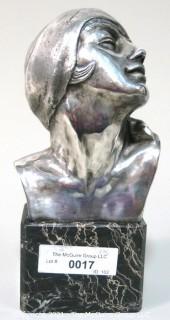 Heavy Cast Bronze with Silver Overlay Art Deco Statue of Female Bust on Marble Base made and Signed by H. G. Miller, 1928.  Measures approximately 10" tall. 