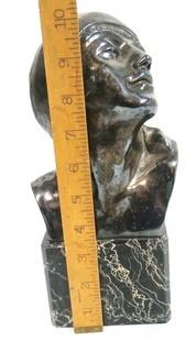 Heavy Cast Bronze with Silver Overlay Art Deco Statue of Female Bust on Marble Base made and Signed by H. G. Miller, 1928.  Measures approximately 10" tall. 