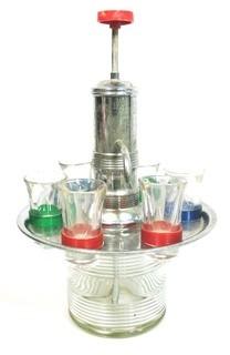 Fun Mid Century Liquor Decanter with Pump Dispenser and  Six Glasses on Base.   Measures approximately 12" tall.