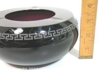 Heavy Amethyst Crystal Glass Ashtray with Geometric Design.  Measures approximately 7" x 4". 