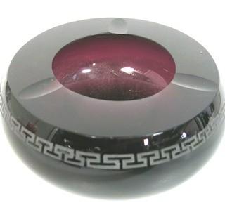 Heavy Amethyst Crystal Glass Ashtray with Geometric Design.  Measures approximately 7" x 4". 