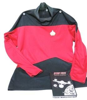 Retro Star Trek The Next Generation Deluxe Red Command Uniform Shirt with Battery Operated Communicator Badge Pin and Book.