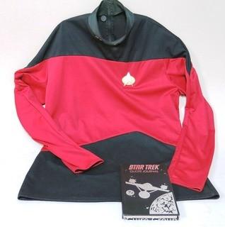 Retro Star Trek The Next Generation Deluxe Red Command Uniform Shirt with Battery Operated Communicator Badge Pin and Book.