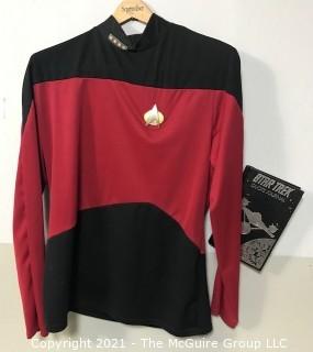 Retro Star Trek The Next Generation Deluxe Red Command Uniform Shirt with Battery Operated Communicator Badge Pin and Book.