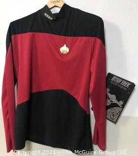 Retro Star Trek The Next Generation Deluxe Red Command Uniform Shirt with Battery Operated Communicator Badge Pin and Book.